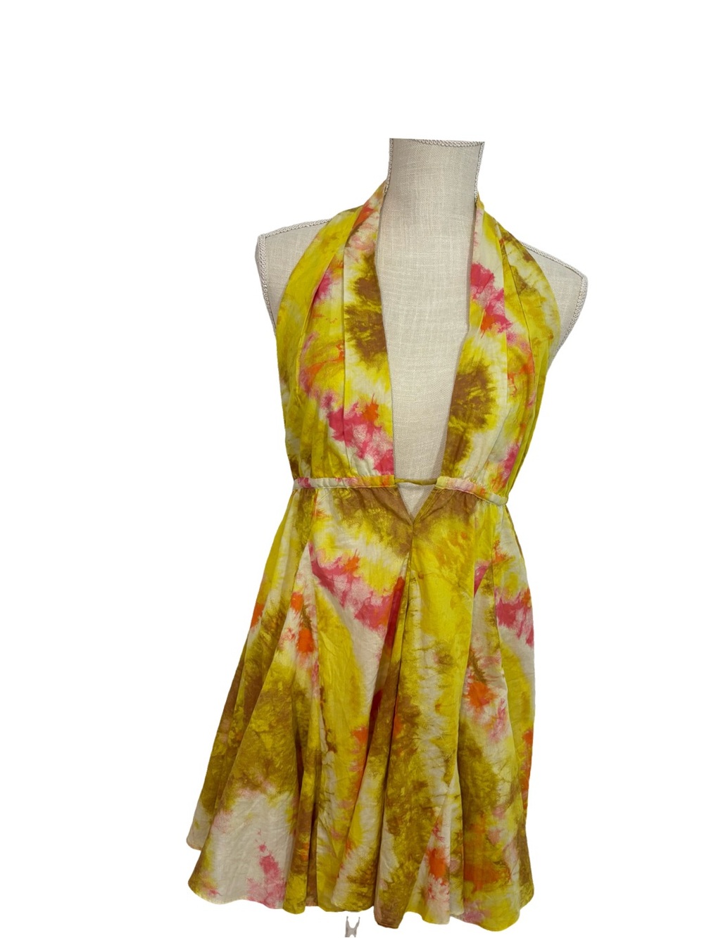 NWT Zara Tie-Dye Halter Yellow Gold Floral Mini Dress Open Back Tie Sz M Sexy